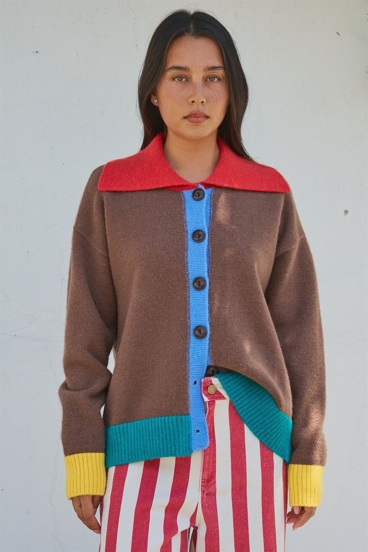 Color Block Collared Button Down Knit Cardigan in Brown - Women's Wholesale Fashion | Trend Notes