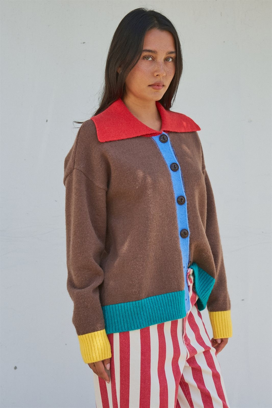 Color Block Collared Button Down Knit Cardigan in Brown - Women's Wholesale Fashion | Trend Notes