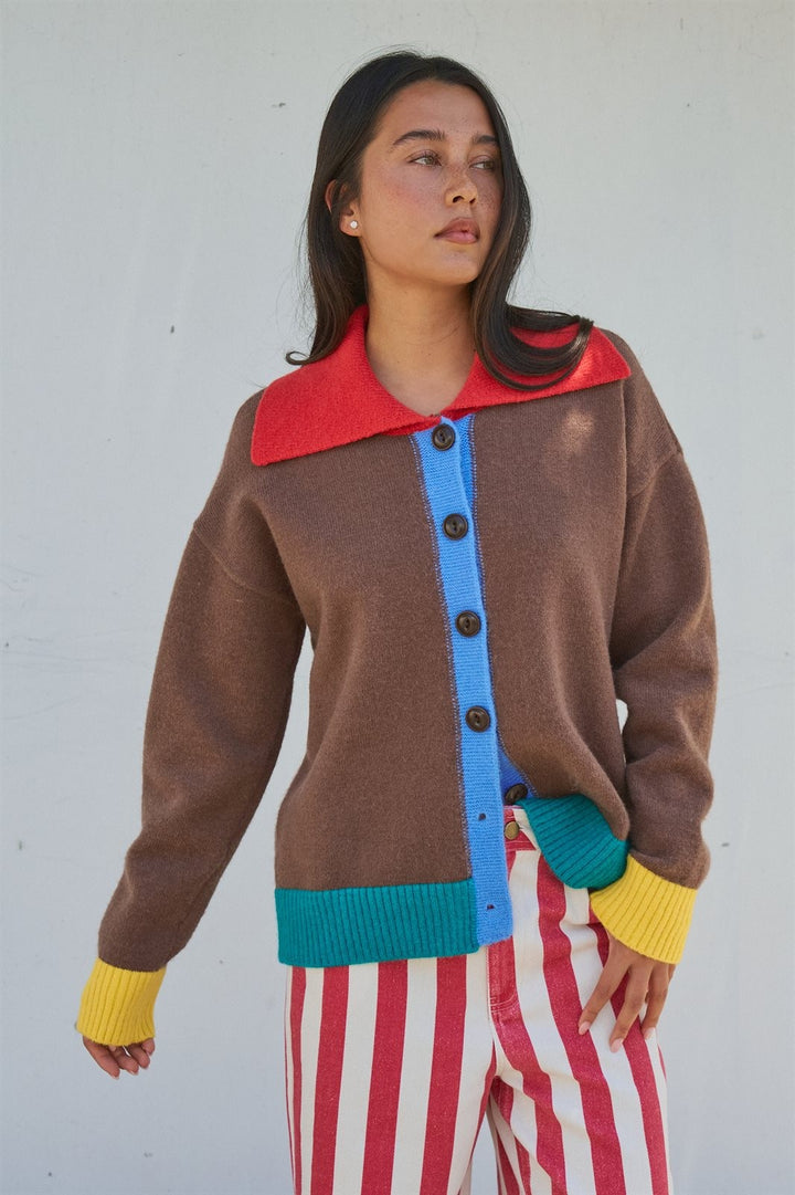 Color Block Collared Button Down Knit Cardigan in Brown - Women's Wholesale Fashion | Trend Notes