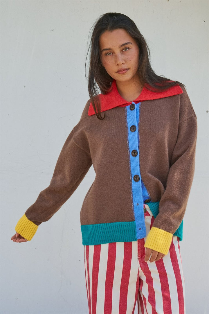 Color Block Collared Button Down Knit Cardigan in Brown - Women's Wholesale Fashion | Trend Notes
