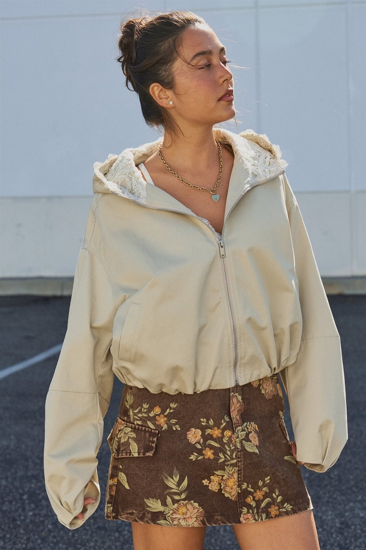 Oversized Hooded Zip-Front Cotton Jacket in Khaki - Women's Wholesale Fashion | Trend Notes