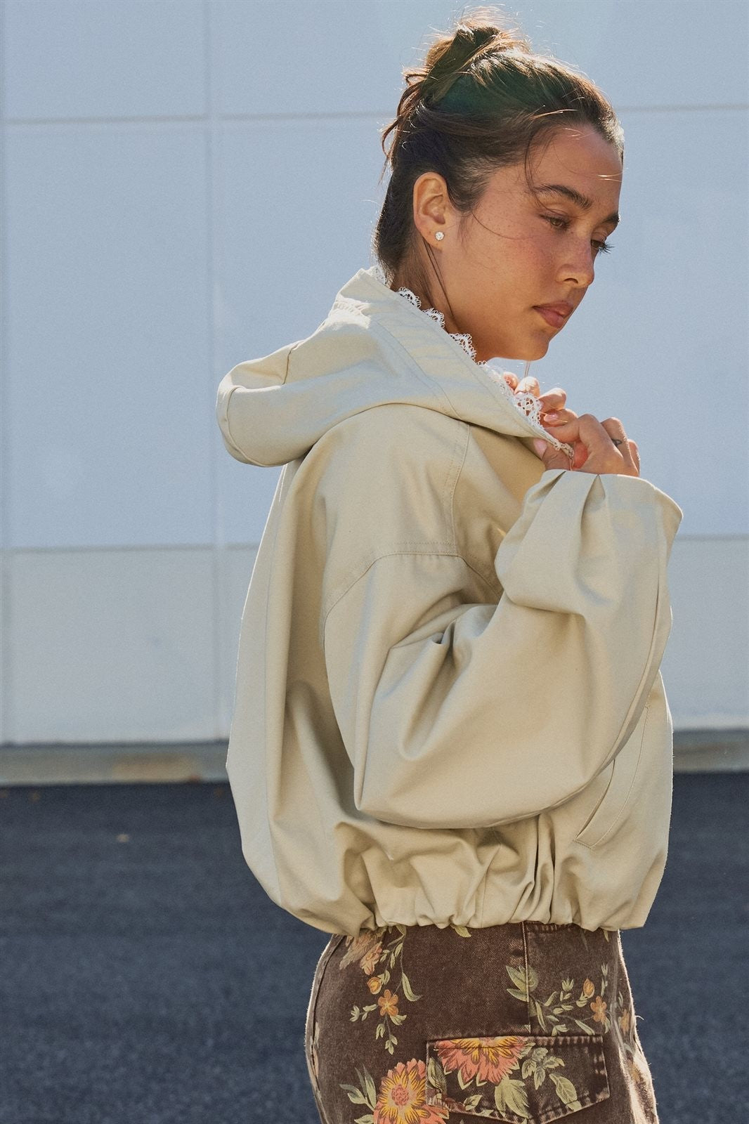 Oversized Hooded Zip-Front Cotton Jacket in Khaki - Women's Wholesale Fashion | Trend Notes