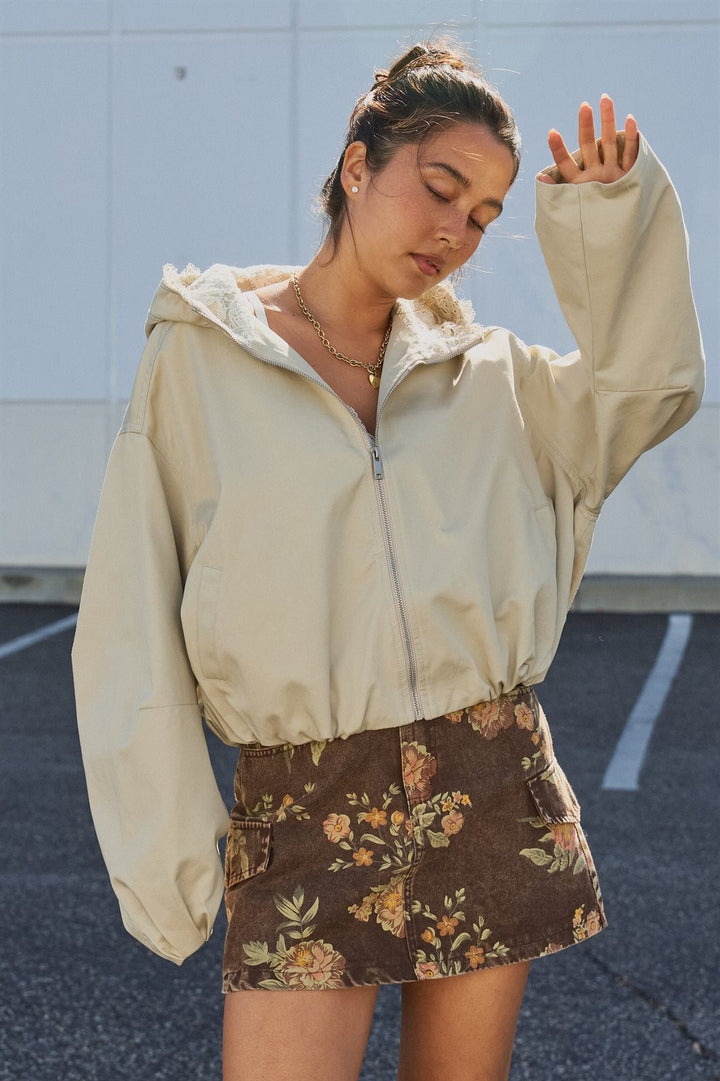 Oversized Hooded Zip-Front Cotton Jacket in Khaki - Women's Wholesale Fashion | Trend Notes
