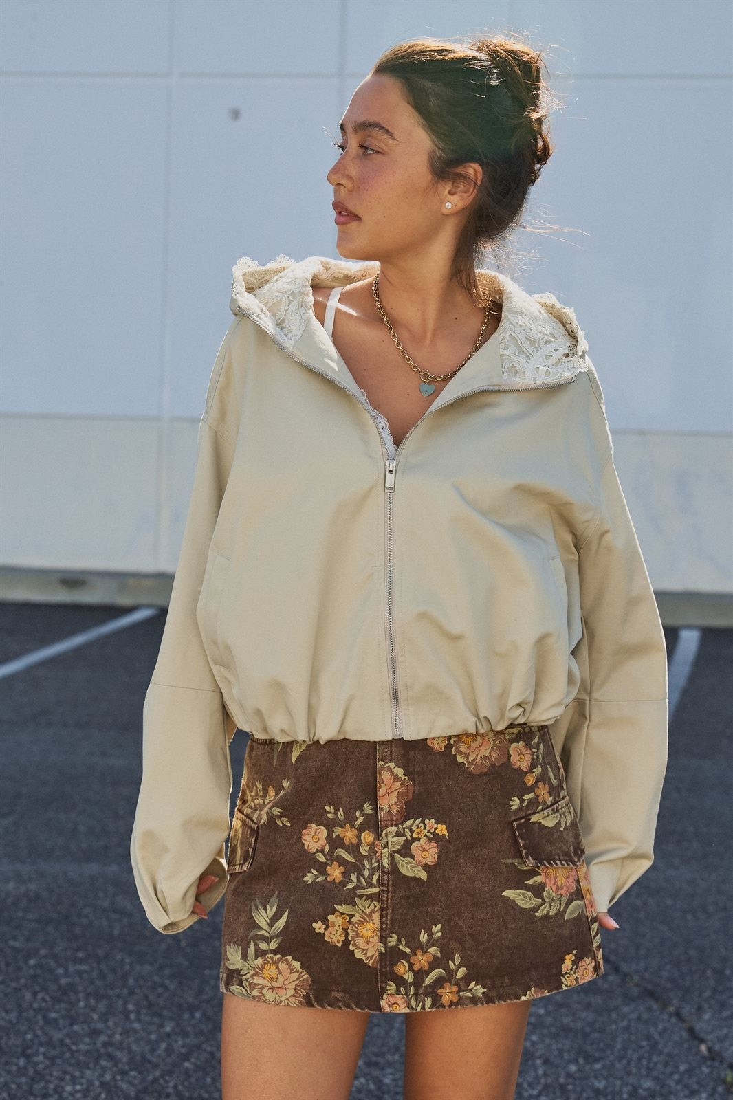 Oversized Hooded Zip-Front Cotton Jacket in Khaki - Women's Wholesale Fashion | Trend Notes