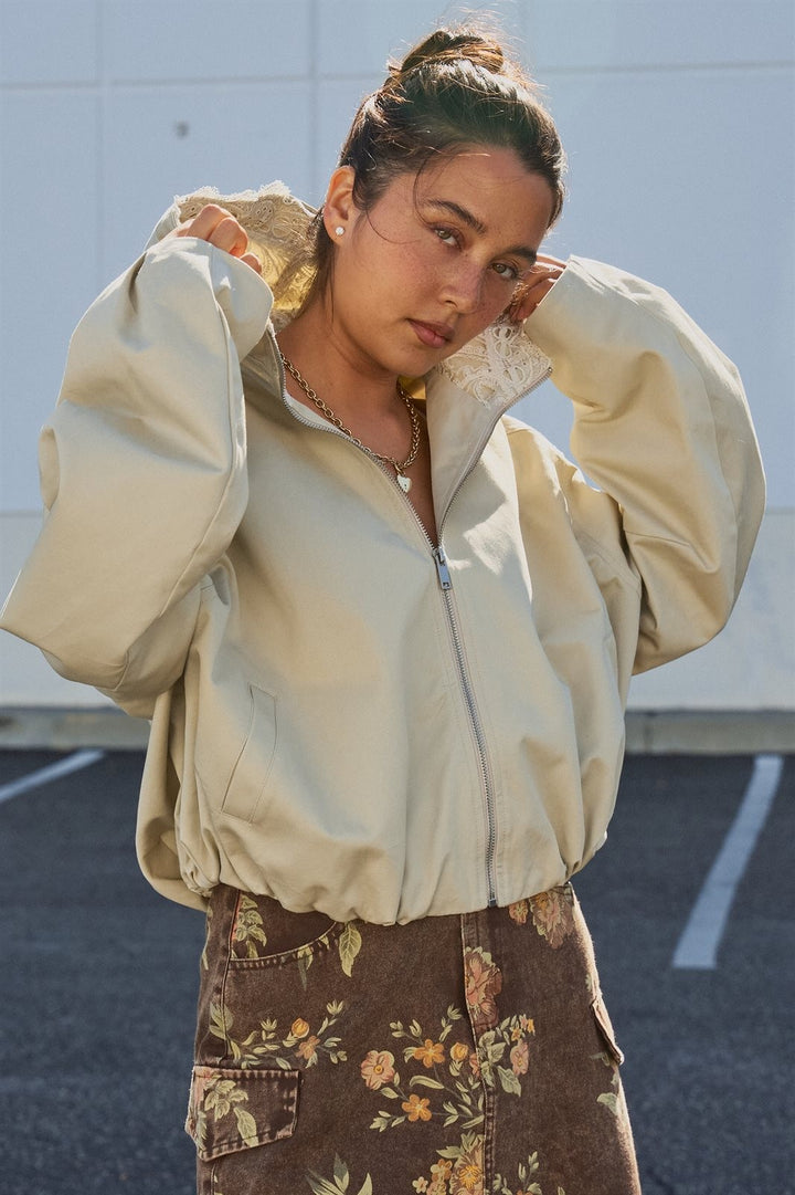 Oversized Hooded Zip-Front Cotton Jacket in Khaki - Women's Wholesale Fashion | Trend Notes