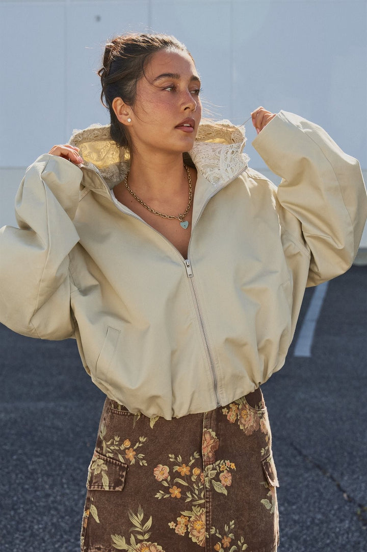 Oversized Hooded Zip-Front Cotton Jacket in Khaki - Women's Wholesale Fashion | Trend Notes