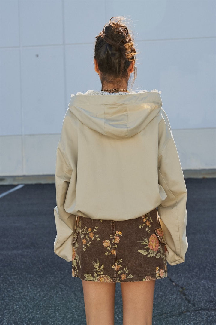 Oversized Hooded Zip-Front Cotton Jacket in Khaki - Women's Wholesale Fashion | Trend Notes