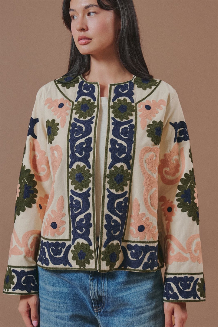 Suzani Embroidered Cotton Jacket with Floral Scroll in Cream - Women's Wholesale Fashion | Trend Notes