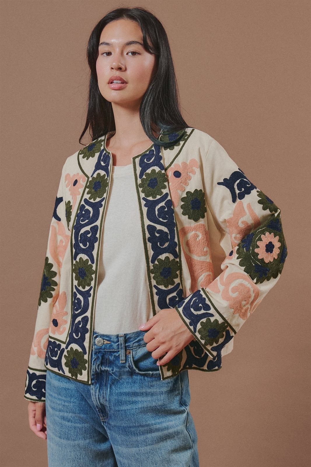 Suzani Embroidered Cotton Jacket with Floral Scroll in Cream - Women's Wholesale Fashion | Trend Notes