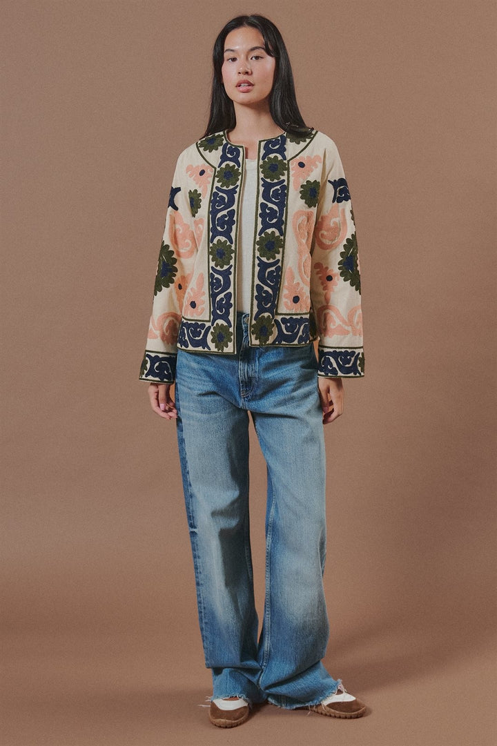 Suzani Embroidered Cotton Jacket with Floral Scroll in Cream - Women's Wholesale Fashion | Trend Notes