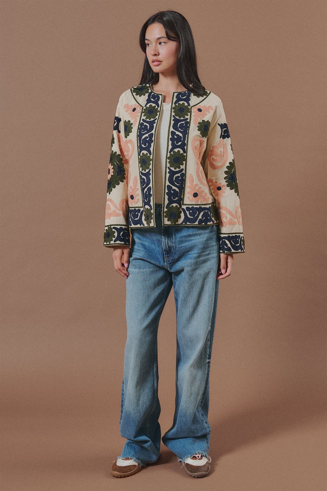 Suzani Embroidered Cotton Jacket with Floral Scroll in Cream - Women's Wholesale Fashion | Trend Notes