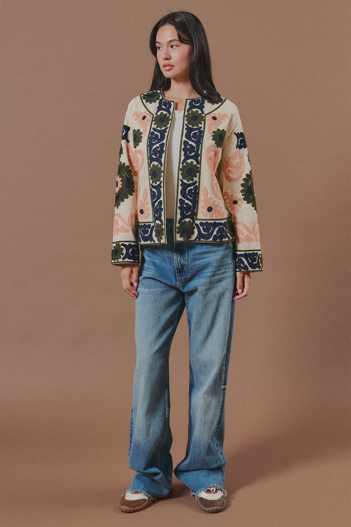 Suzani Embroidered Cotton Jacket with Floral Scroll in Cream - Women's Wholesale Fashion | Trend Notes