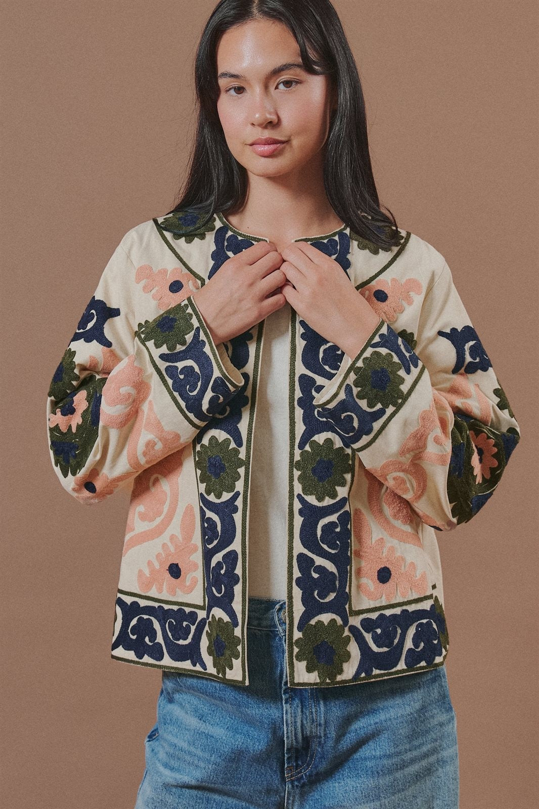 Suzani Embroidered Cotton Jacket with Floral Scroll in Cream - Women's Wholesale Fashion | Trend Notes