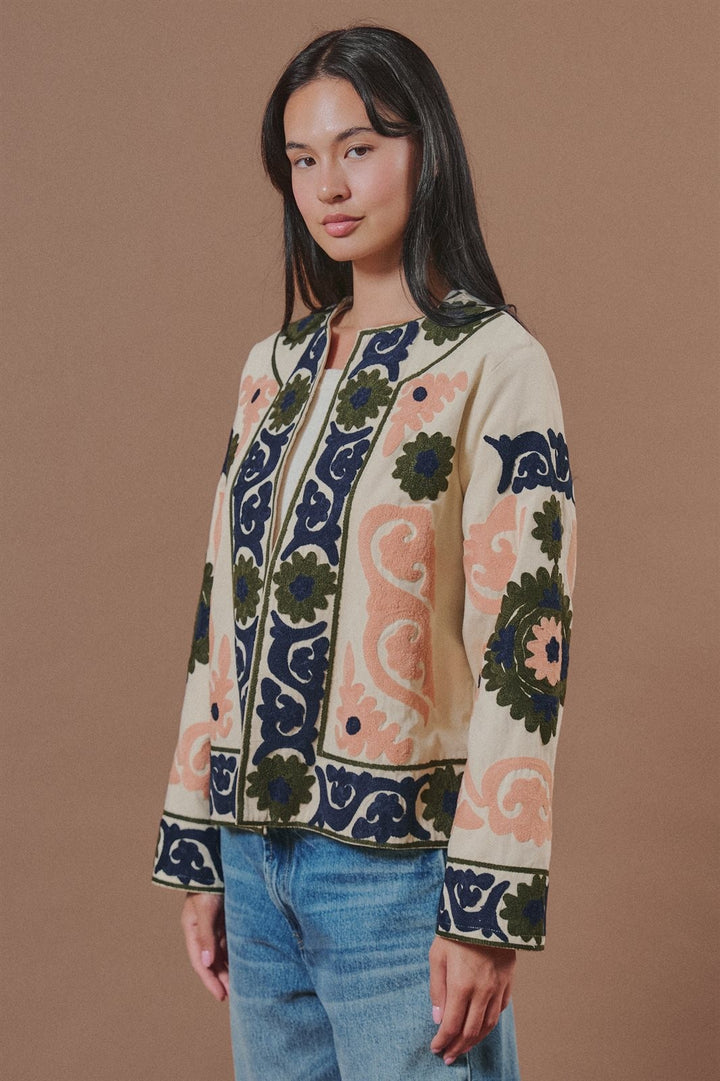 Suzani Embroidered Cotton Jacket with Floral Scroll in Cream - Women's Wholesale Fashion | Trend Notes