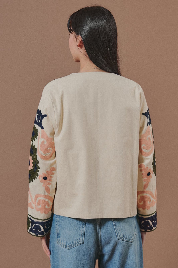 Suzani Embroidered Cotton Jacket with Floral Scroll in Cream - Women's Wholesale Fashion | Trend Notes