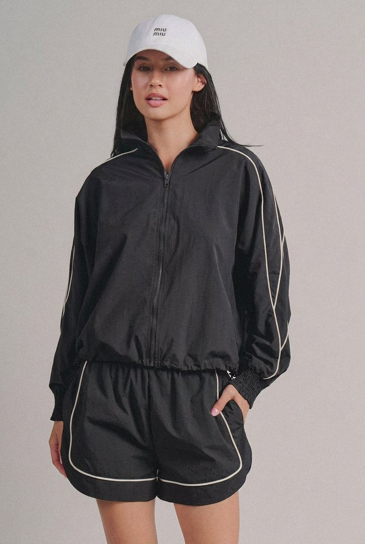Contrast Piping Nylon Zip-Up Windbreaker Jacket in Black - Women's Wholesale Fashion | Trend Notes