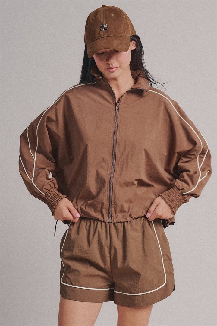 Contrast Piping Nylon Zip-Up Windbreaker Jacket in Brown - Women's Wholesale Fashion | Trend Notes