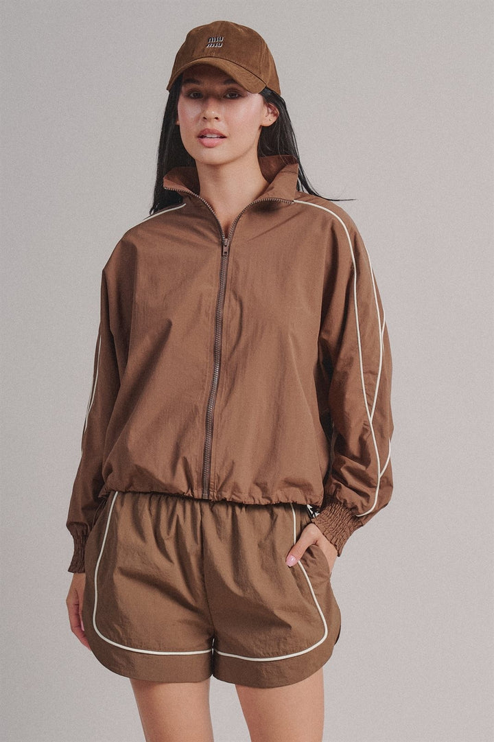 Contrast Piping Nylon Zip-Up Windbreaker Jacket in Brown - Women's Wholesale Fashion | Trend Notes
