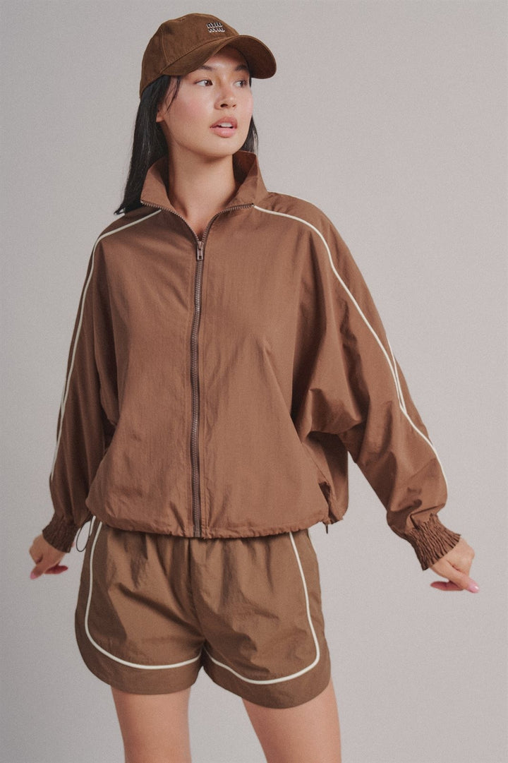 Contrast Piping Nylon Zip-Up Windbreaker Jacket in Brown - Women's Wholesale Fashion | Trend Notes