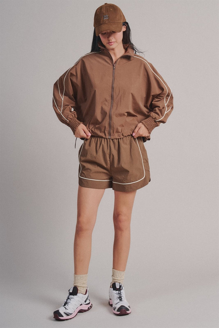 Contrast Piping Nylon Zip-Up Windbreaker Jacket in Brown - Women's Wholesale Fashion | Trend Notes