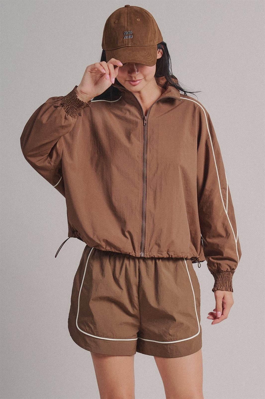 Contrast Piping Nylon Zip-Up Windbreaker Jacket in Brown - Women's Wholesale Fashion | Trend Notes