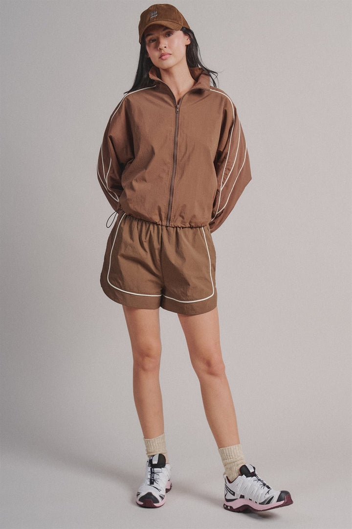 Contrast Piping Nylon Zip-Up Windbreaker Jacket in Brown - Women's Wholesale Fashion | Trend Notes