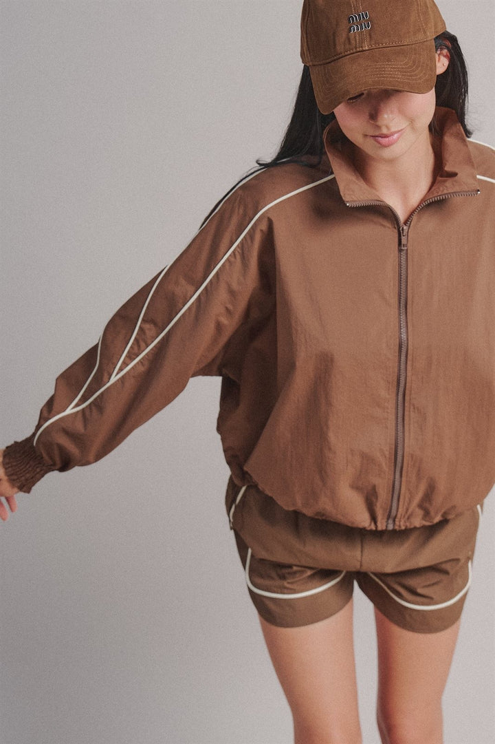 Contrast Piping Nylon Zip-Up Windbreaker Jacket in Brown - Women's Wholesale Fashion | Trend Notes
