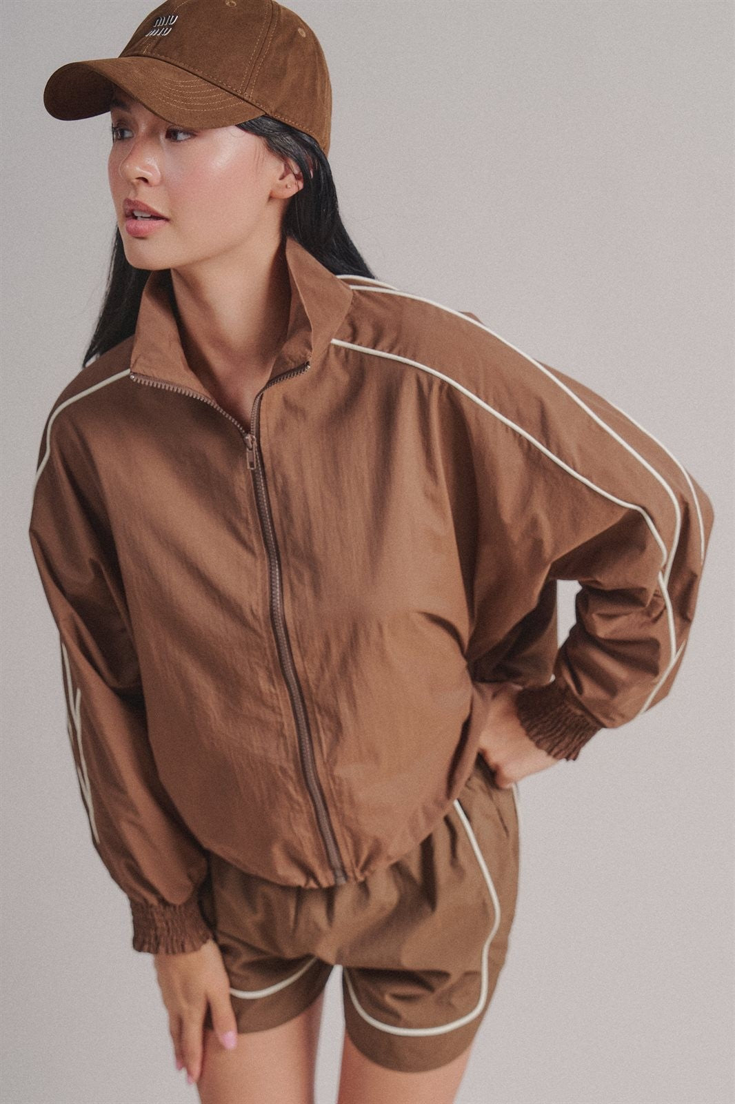 Contrast Piping Nylon Zip-Up Windbreaker Jacket in Brown - Women's Wholesale Fashion | Trend Notes