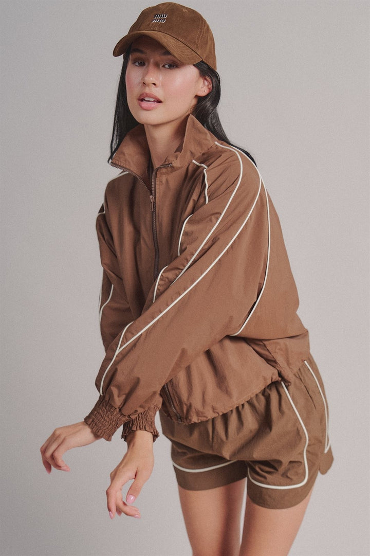 Contrast Piping Nylon Zip-Up Windbreaker Jacket in Brown - Women's Wholesale Fashion | Trend Notes