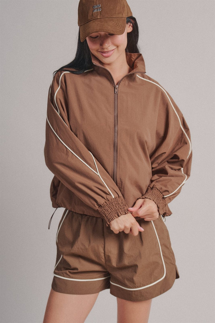 Contrast Piping Nylon Zip-Up Windbreaker Jacket in Brown - Women's Wholesale Fashion | Trend Notes