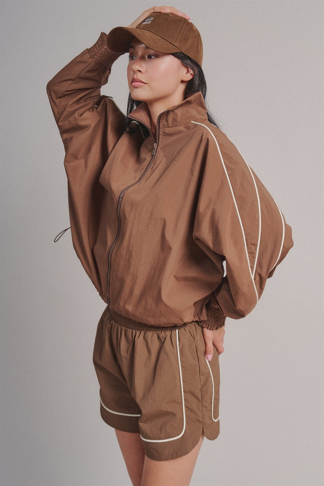 Contrast Piping Nylon Zip-Up Windbreaker Jacket in Brown - Women's Wholesale Fashion | Trend Notes