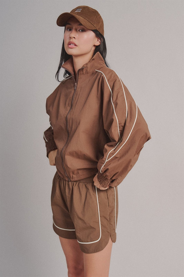 Contrast Piping Nylon Zip-Up Windbreaker Jacket in Brown - Women's Wholesale Fashion | Trend Notes