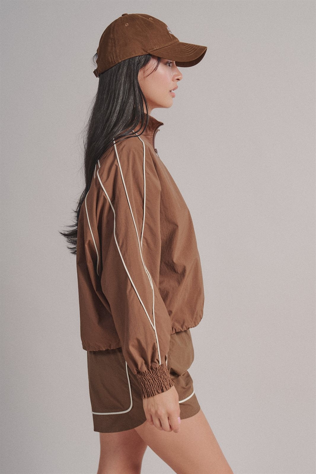 Contrast Piping Nylon Zip-Up Windbreaker Jacket in Brown - Women's Wholesale Fashion | Trend Notes