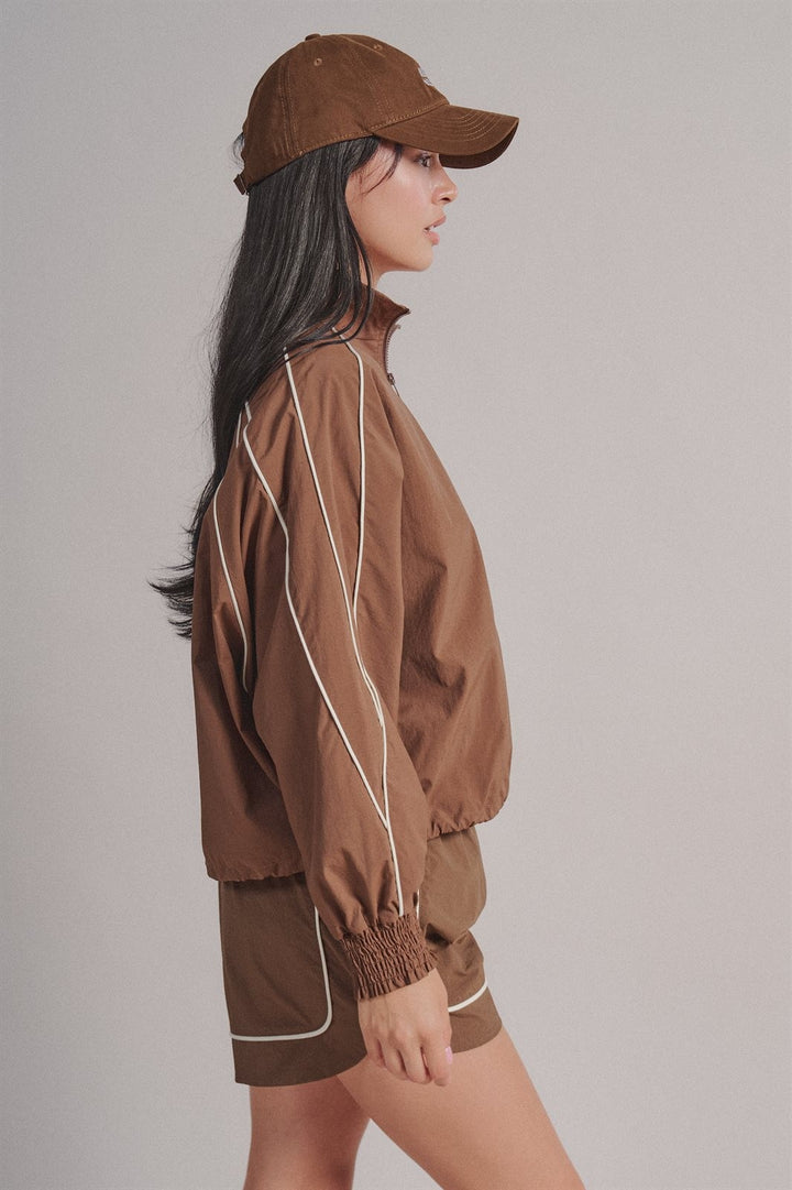 Contrast Piping Nylon Zip-Up Windbreaker Jacket in Brown - Women's Wholesale Fashion | Trend Notes