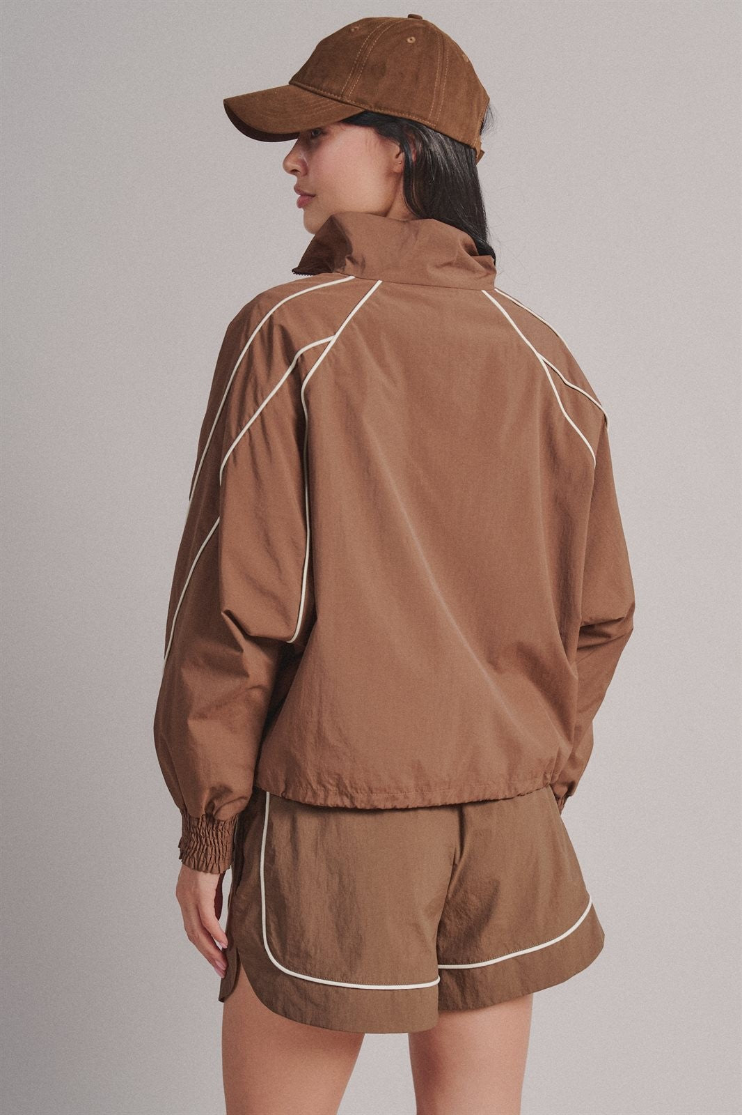 Contrast Piping Nylon Zip-Up Windbreaker Jacket in Brown - Women's Wholesale Fashion | Trend Notes