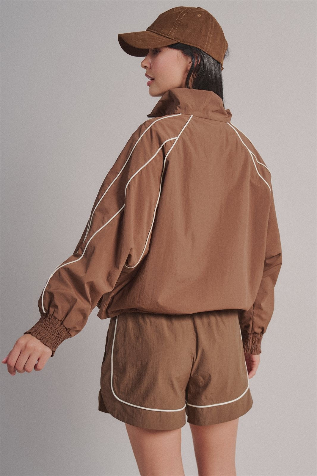 Contrast Piping Nylon Zip-Up Windbreaker Jacket in Brown - Women's Wholesale Fashion | Trend Notes