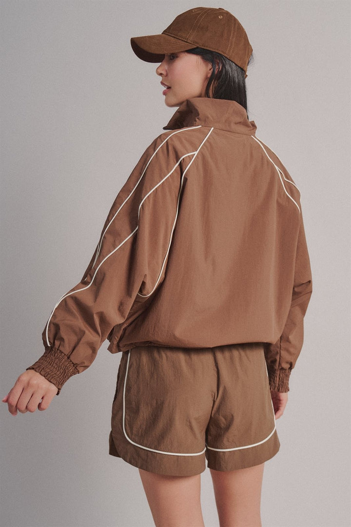 Contrast Piping Nylon Zip-Up Windbreaker Jacket in Brown - Women's Wholesale Fashion | Trend Notes