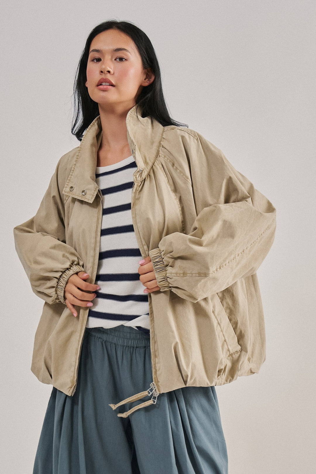Weekend Drift Washed Bomber Jacket in Khaki - Women's Wholesale Jackets & Blazers | Trend Notes