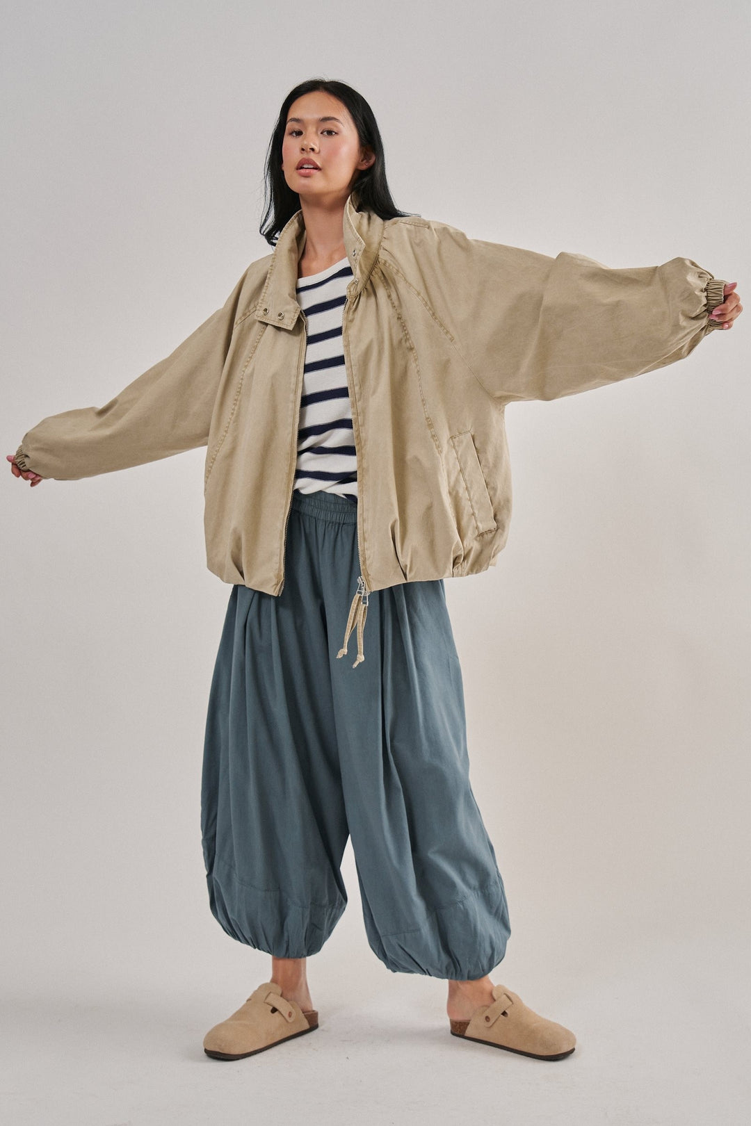 Weekend Drift Washed Bomber Jacket in Khaki - Women's Wholesale Jackets & Blazers | Trend Notes