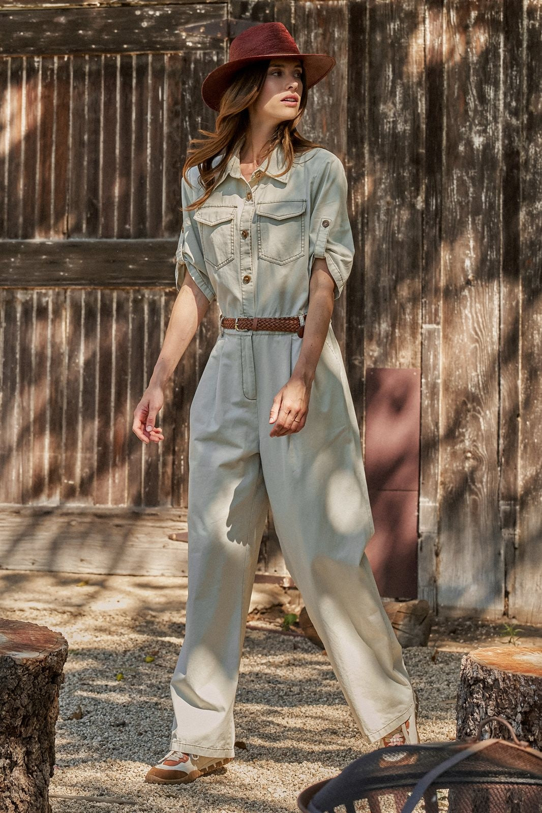 Mineral Wash Utility Jumpsuit with Braided Belt in Khaki - Women's Wholesale Jumpsuits | Trend Notes