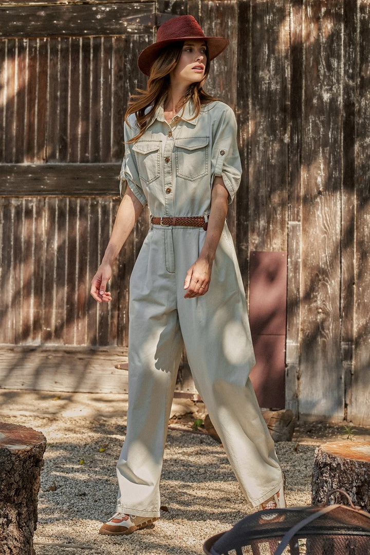 Mineral Wash Utility Jumpsuit with Braided Belt in Khaki - Women's Wholesale Jumpsuits | Trend Notes