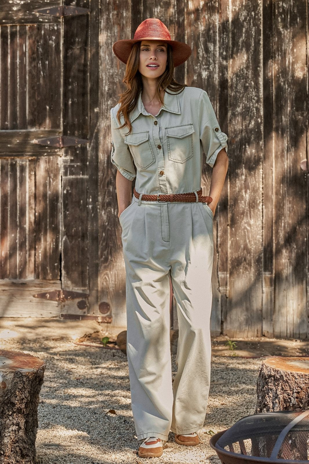 Mineral Wash Utility Jumpsuit with Braided Belt in Khaki - Women's Wholesale Jumpsuits | Trend Notes