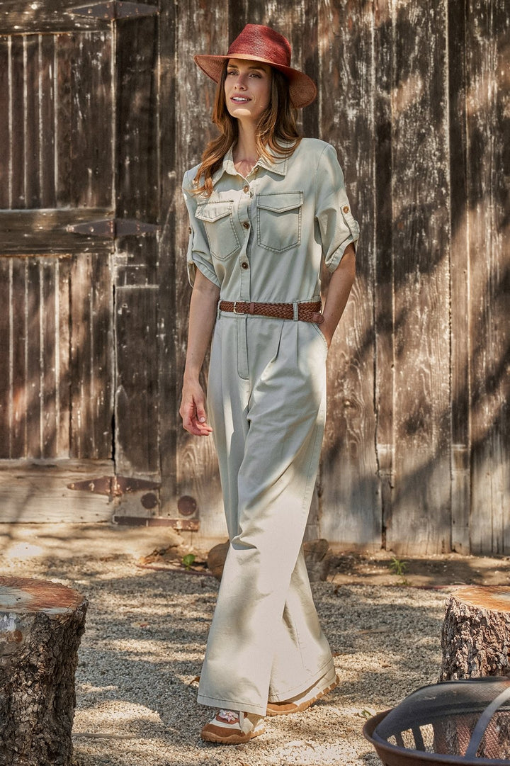 Mineral Wash Utility Jumpsuit with Braided Belt in Khaki - Women's Wholesale Jumpsuits | Trend Notes