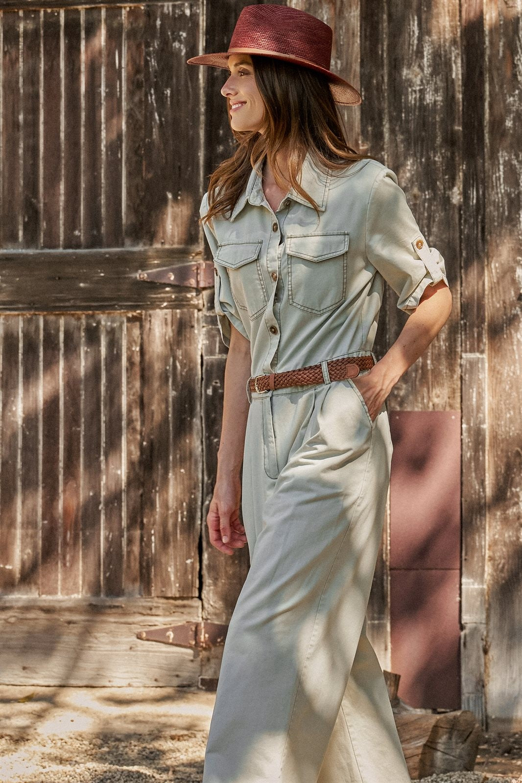 Mineral Wash Utility Jumpsuit with Braided Belt in Khaki - Women's Wholesale Jumpsuits | Trend Notes