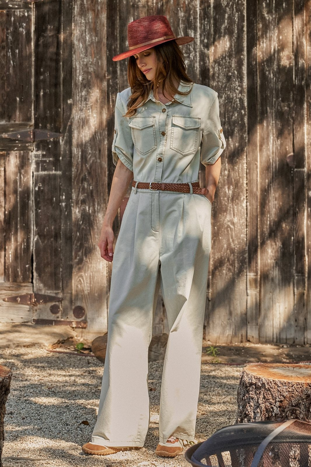 Mineral Wash Utility Jumpsuit with Braided Belt in Khaki - Women's Wholesale Jumpsuits | Trend Notes