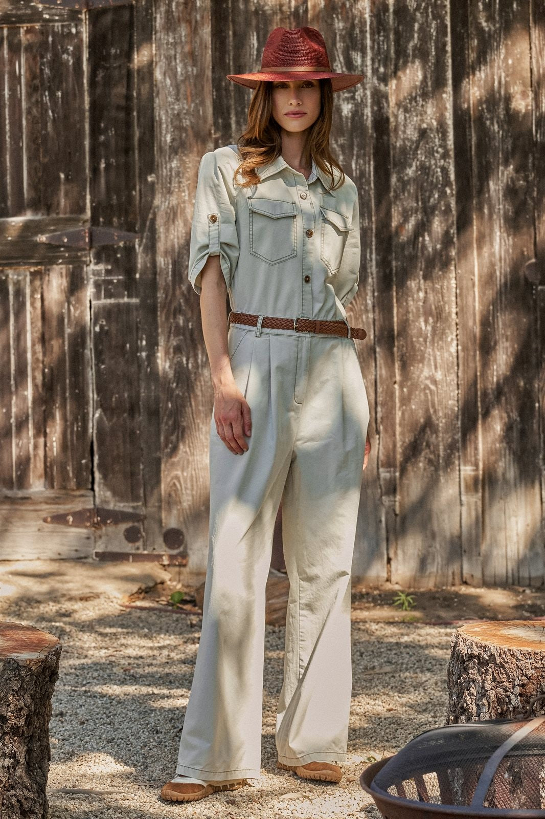 Mineral Wash Utility Jumpsuit with Braided Belt in Khaki - Women's Wholesale Jumpsuits | Trend Notes