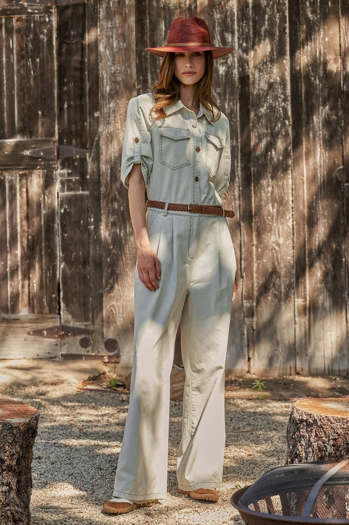 Mineral Wash Utility Jumpsuit with Braided Belt in Khaki - Women's Wholesale Jumpsuits | Trend Notes