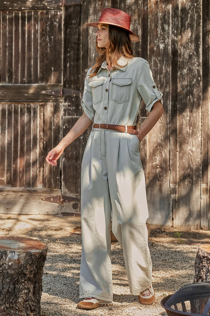 Mineral Wash Utility Jumpsuit with Braided Belt in Khaki - Women's Wholesale Jumpsuits | Trend Notes