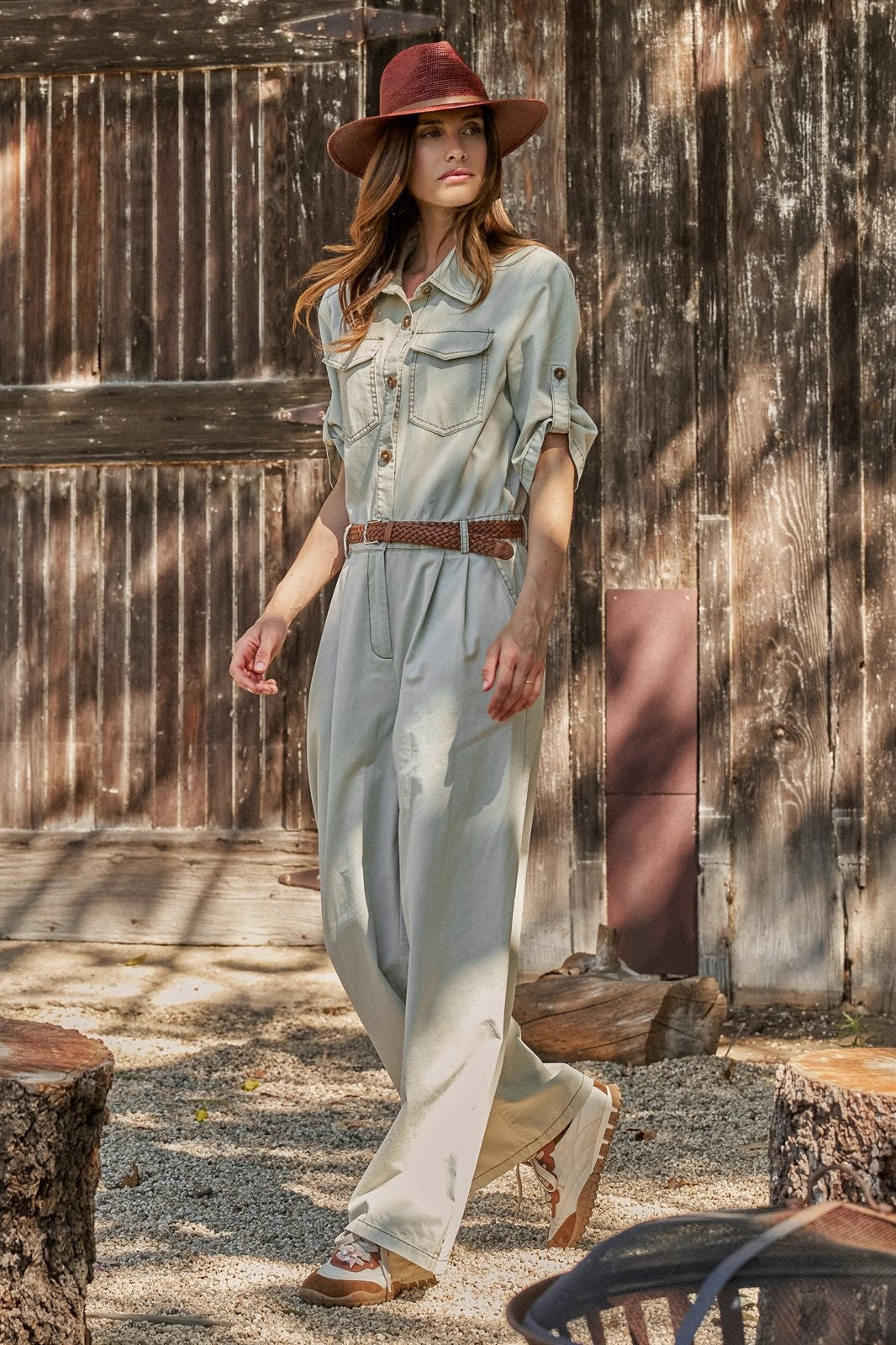Mineral Wash Utility Jumpsuit with Braided Belt in Khaki - Women's Wholesale Jumpsuits | Trend Notes