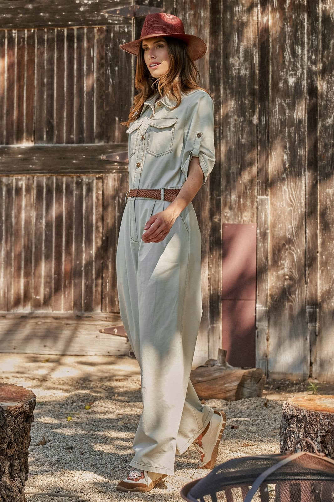 Mineral Wash Utility Jumpsuit with Braided Belt in Khaki - Women's Wholesale Jumpsuits | Trend Notes